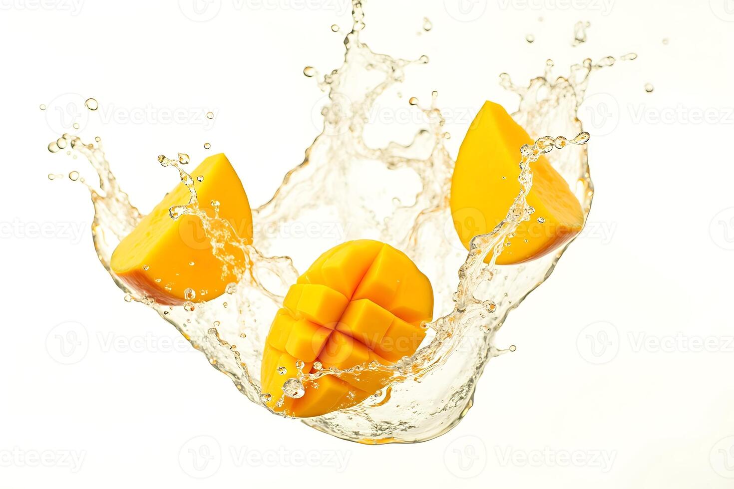 Slices of mango dancing in water freshness on white photo