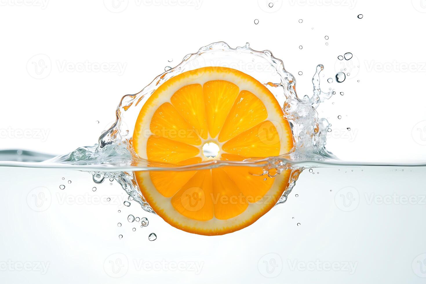 Orange slice plunges joyfully refreshing clear splash photo