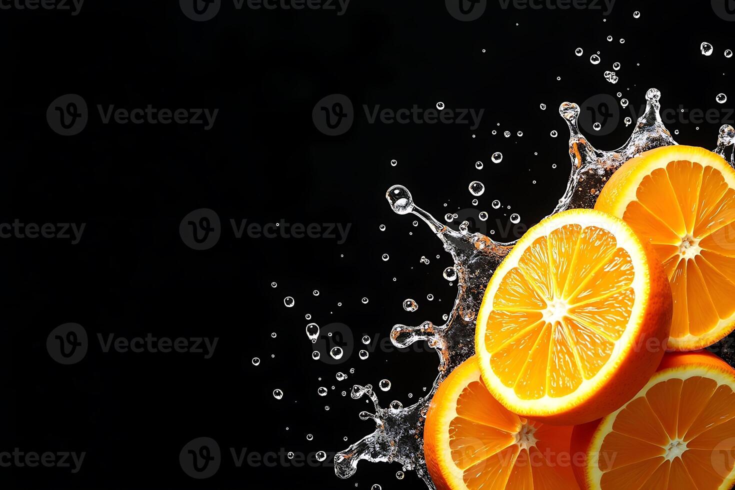 Sliced oranges dance in water splash crisp blackground photo