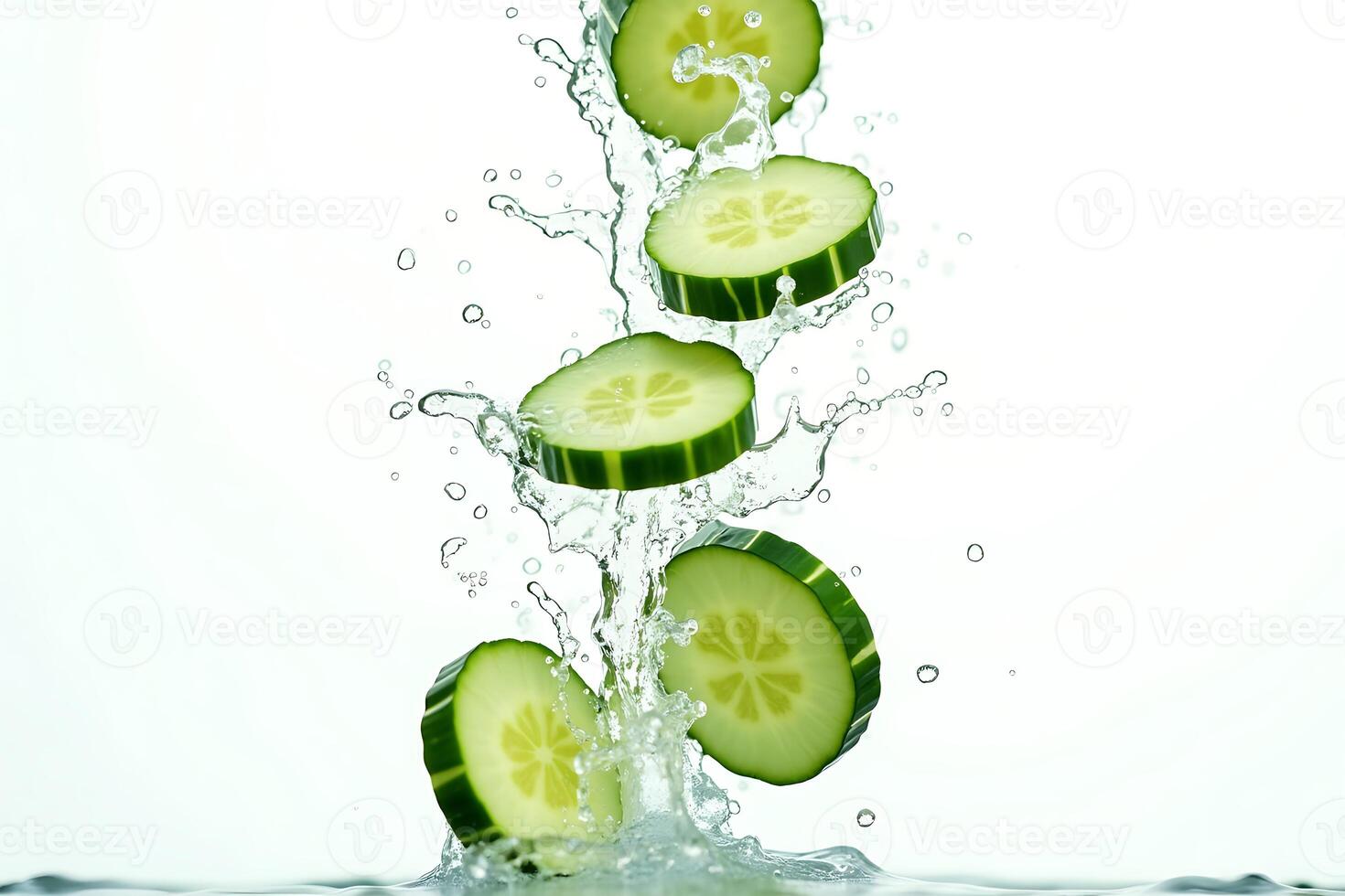 Crisp refreshing cucumber slices dancing in water drops photo