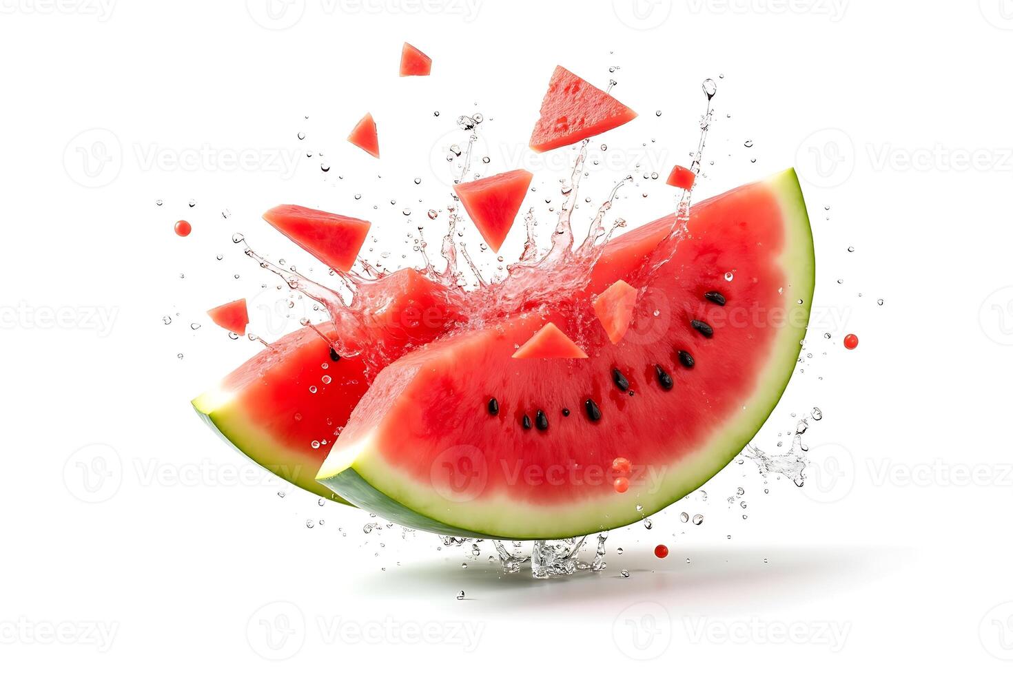 Juicy watermelon slices splashing with refreshing water isolated photo