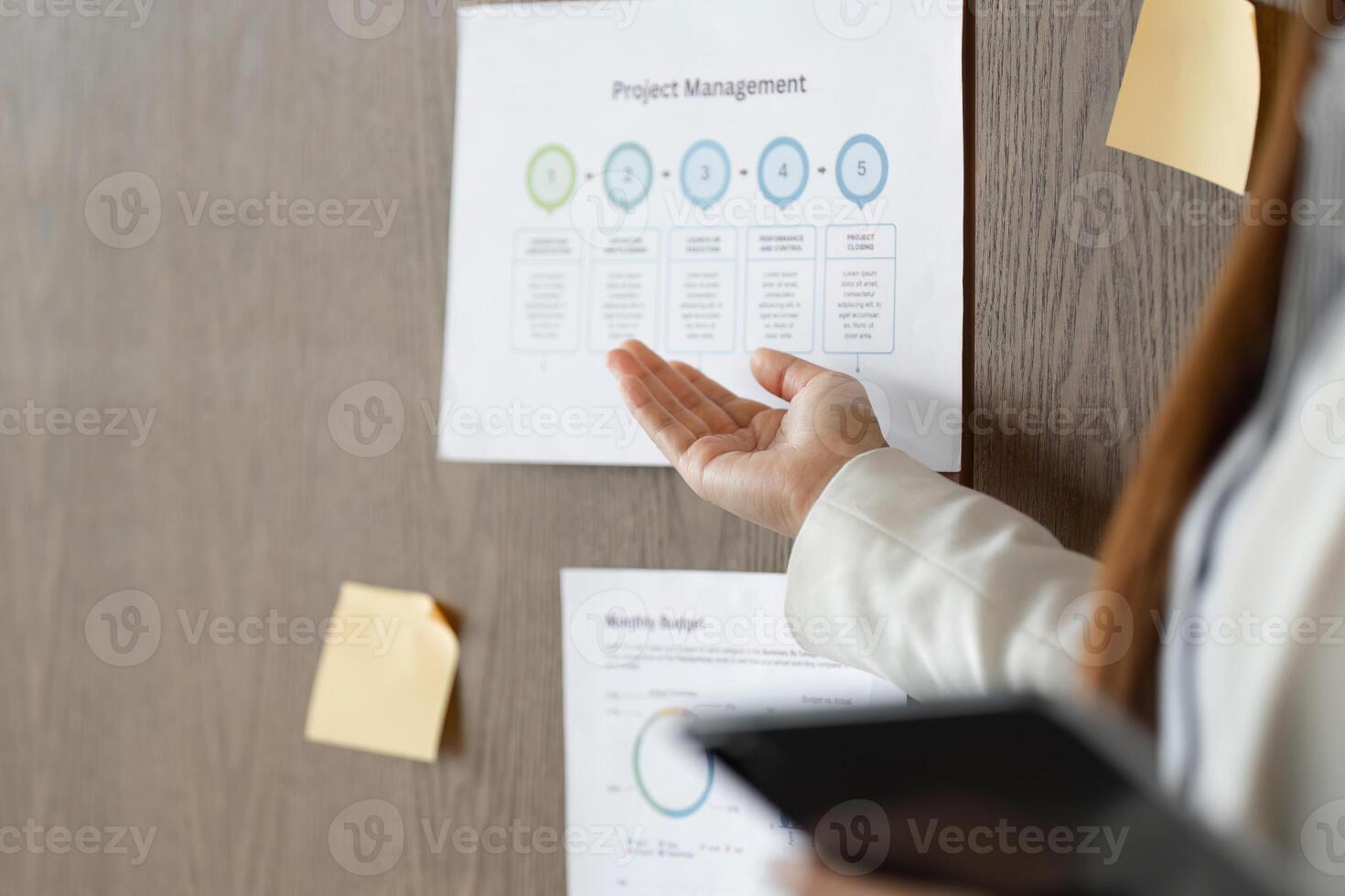 Project Management Insights and Strategy. A businesswoman explains project metrics during a strategic presentation, focusing on key performance indicators. photo