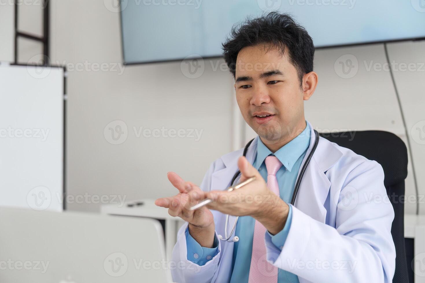 Doctor-Patient Engagement. A healthcare provider explaining medication options to a patient virtually. photo