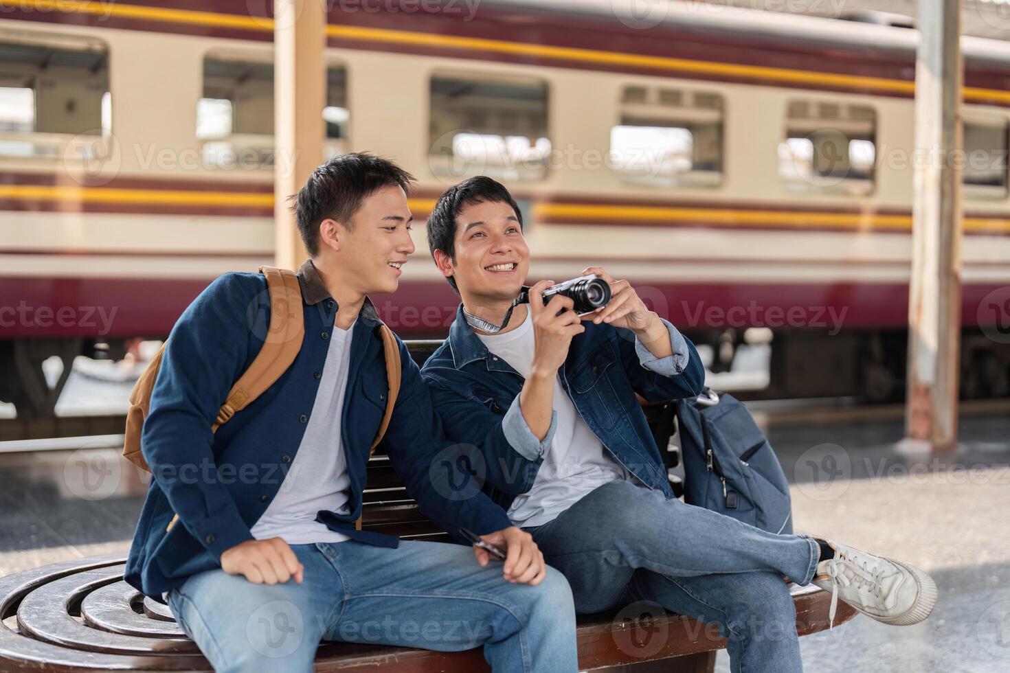 Travel and Connection. Friends enjoying a conversation and capturing the moment. photo