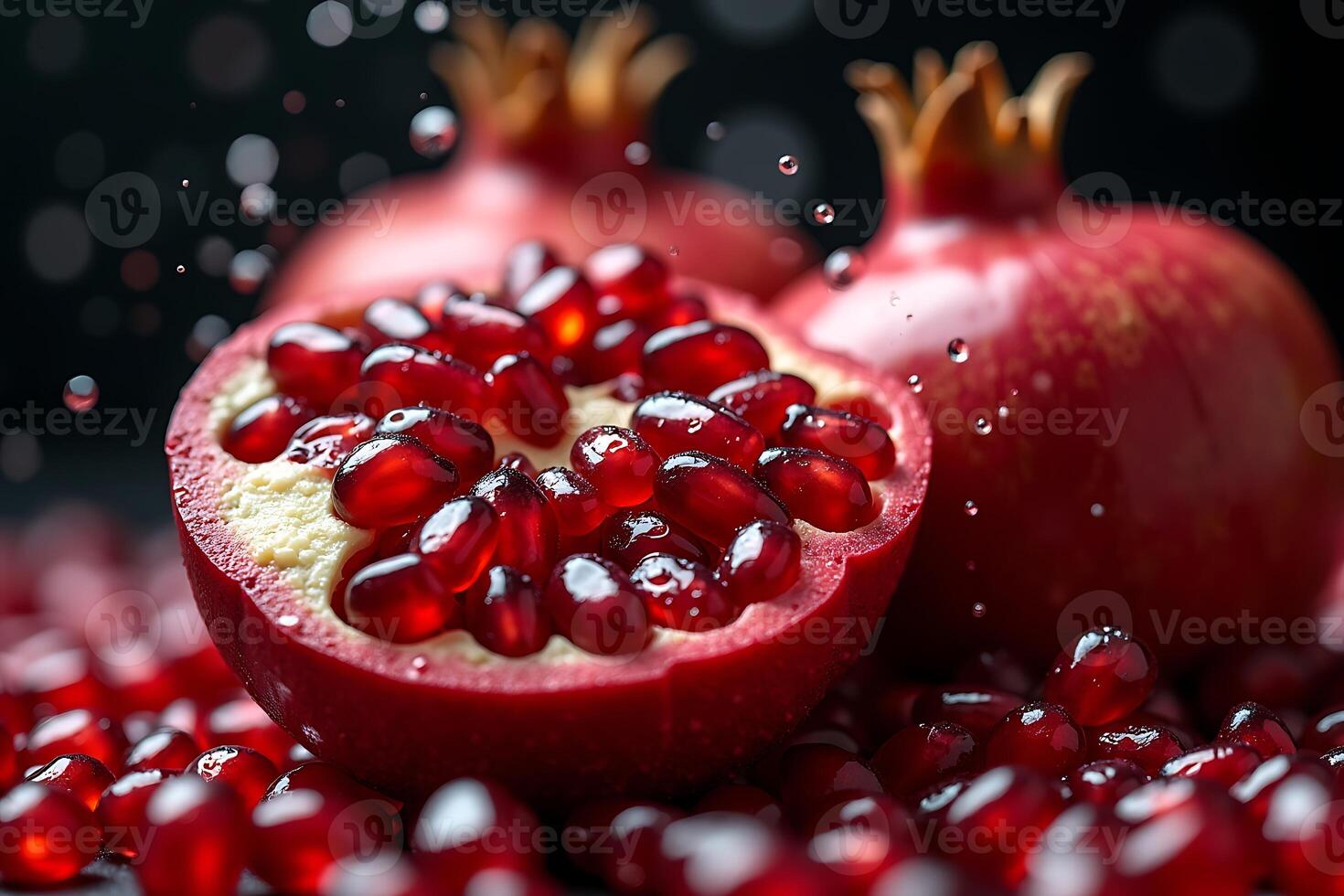 Ruby jewels burst from a pomegranate with water drops photo