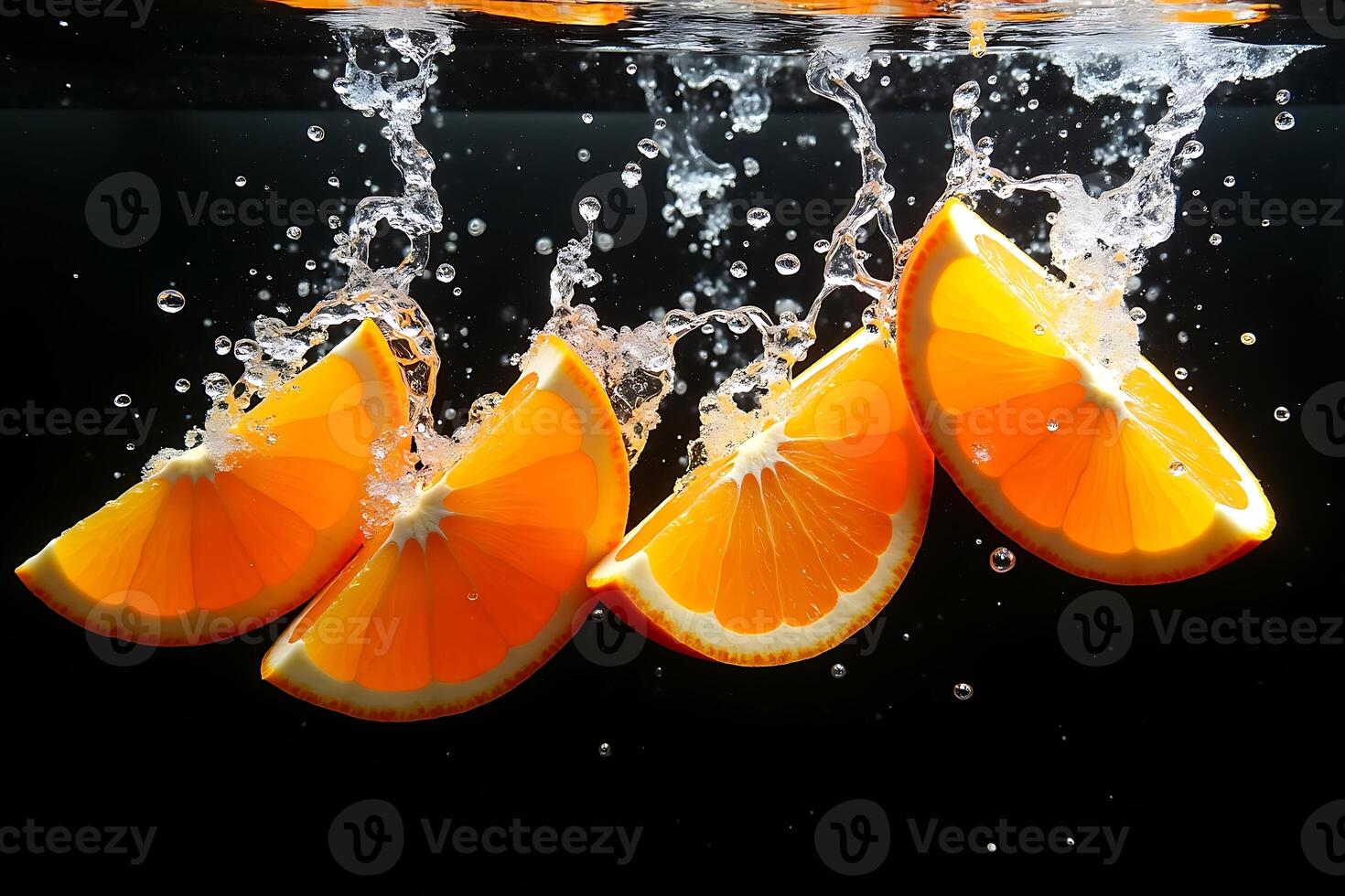 Slices plunge into freshness bursts splashing vibrant contrast photo