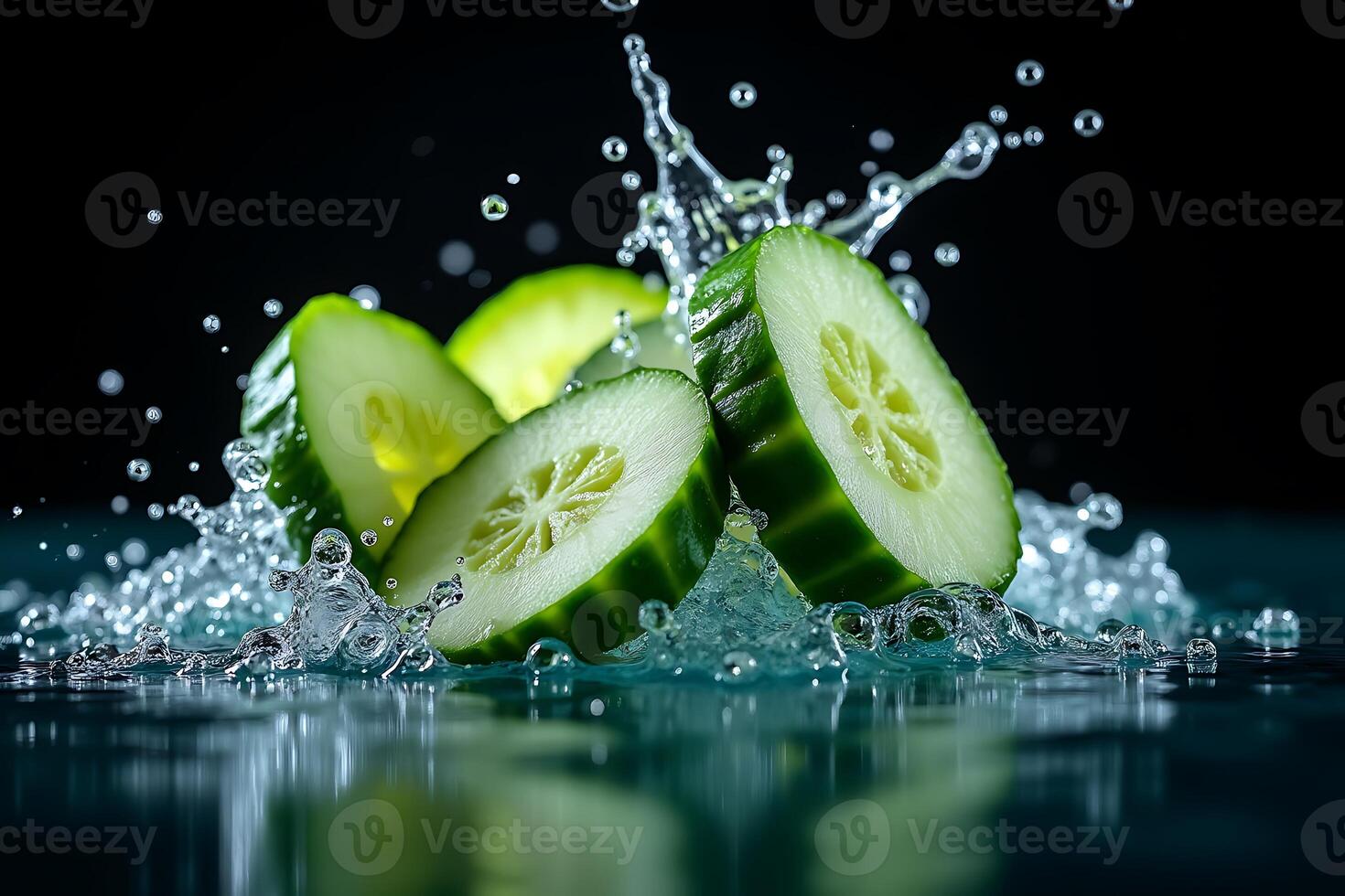 Sliced cucumber splash water dark backdrop food shot photo