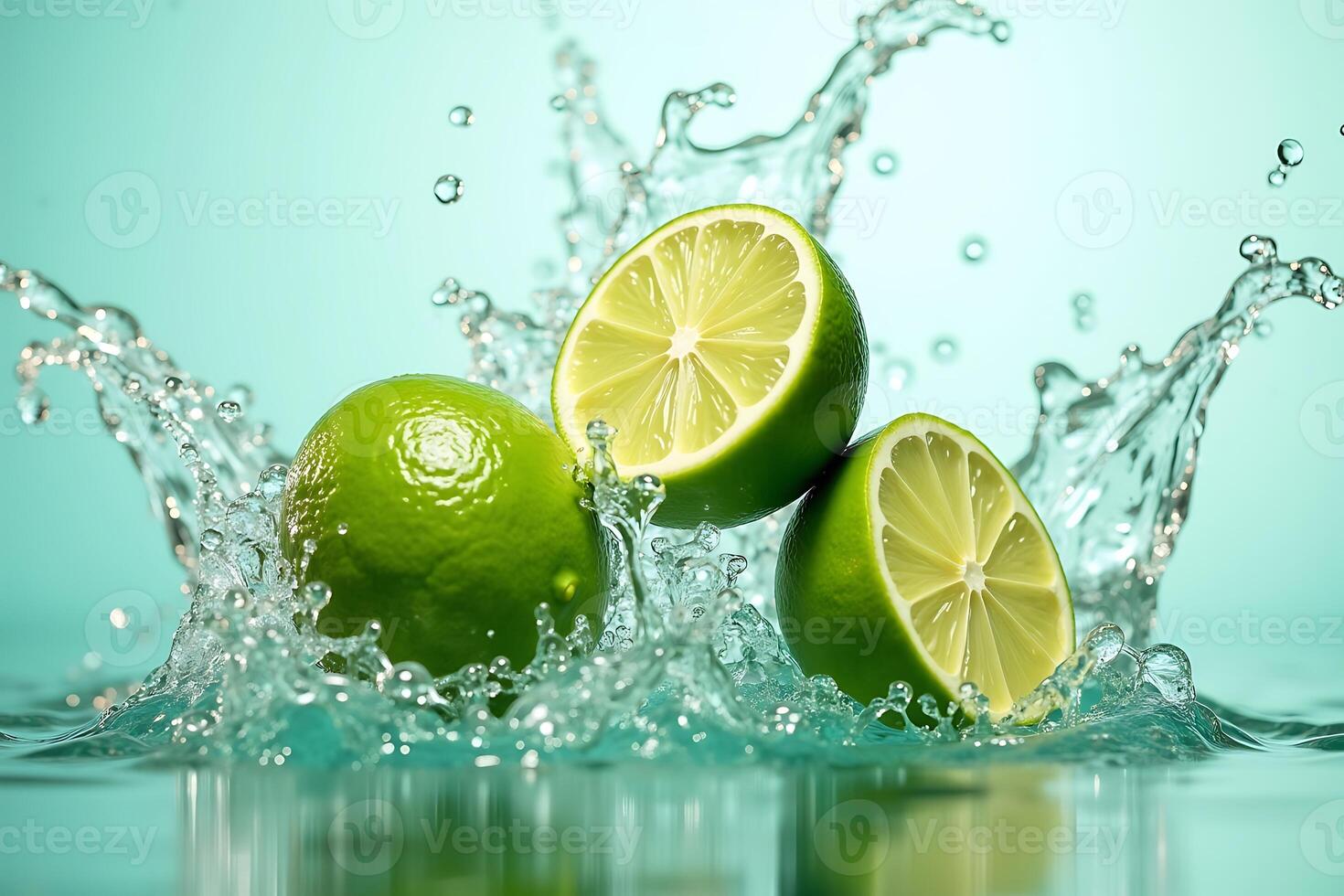 Fresh limes dive into crystal water so crisp clean. photo