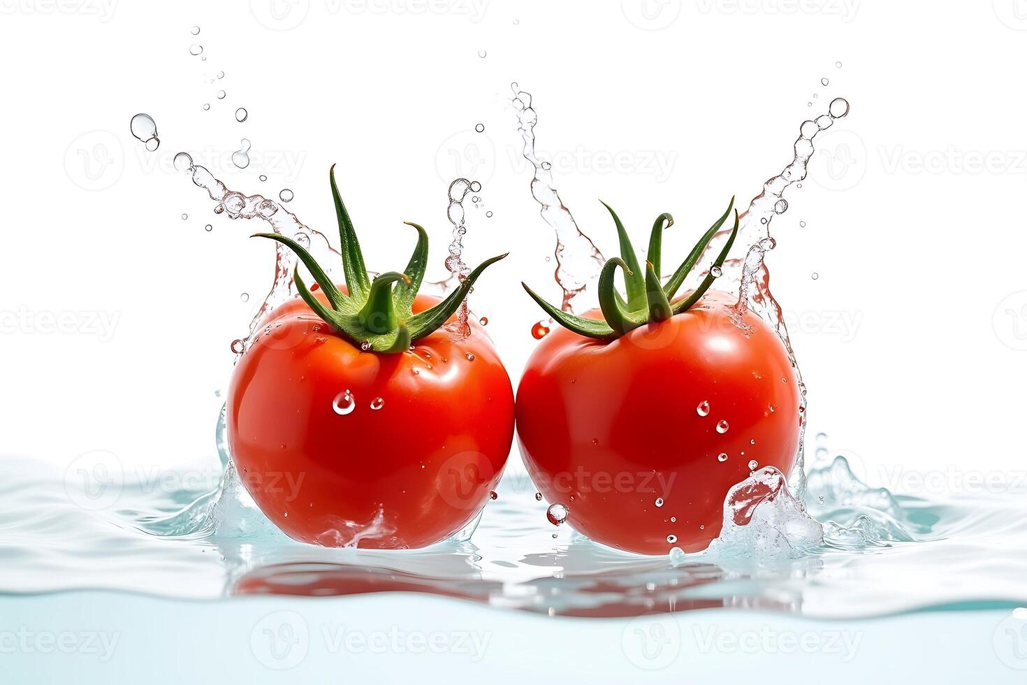 Plunging tomatoes refreshing splash bright white style photo