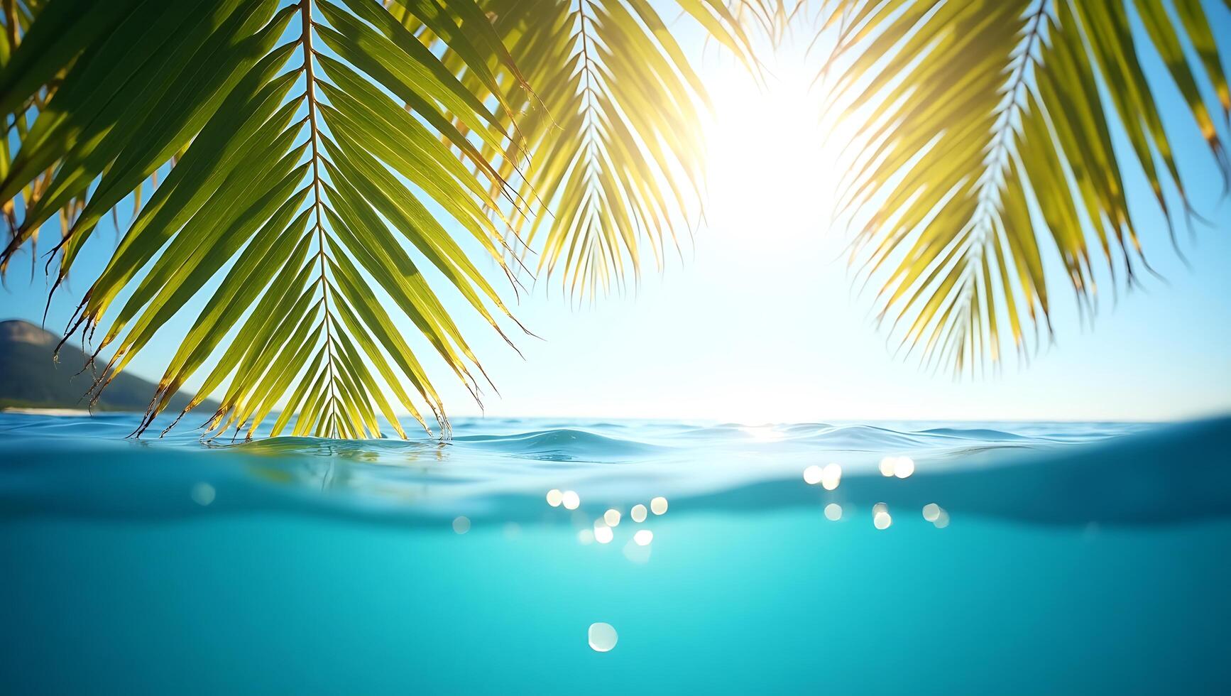 Tropical paradise Palm leaves frame sunny ocean photo