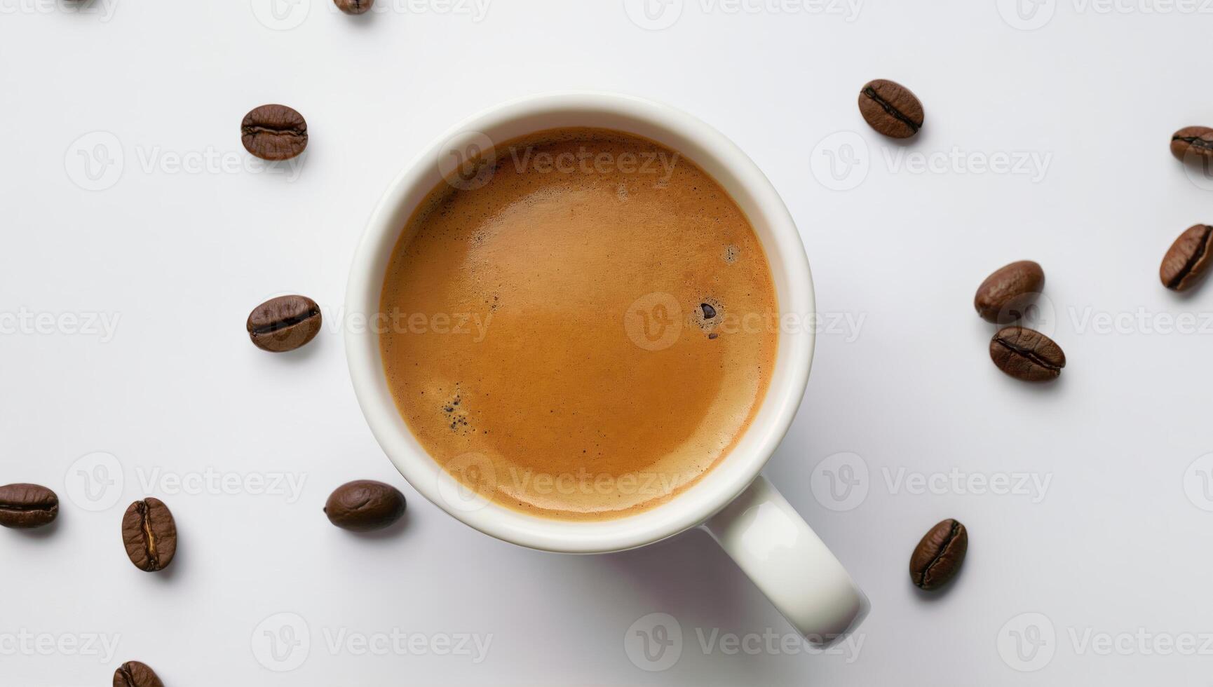 Freshly Brewed Coffee in a White Mug Surrounded by Coffee Beans, Isolated on white background photo