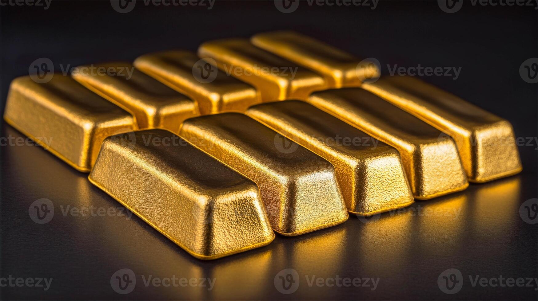 Gold bars stacked neatly on a dark surface showcasing their shiny texture and luxurious appeal, representing wealth and investment concept photo