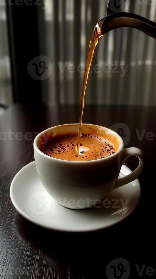 Freshly brewed coffee pouring into a white cup on a wooden photo