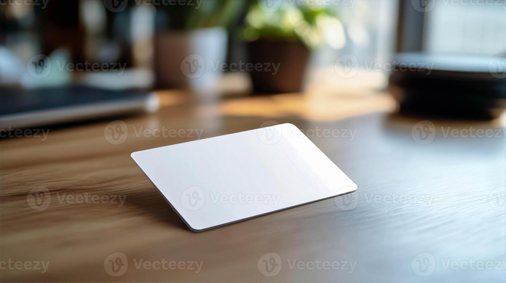 Blank business card on wooden desk with modern workspace background showcasing minimalism and professionalism concept photo