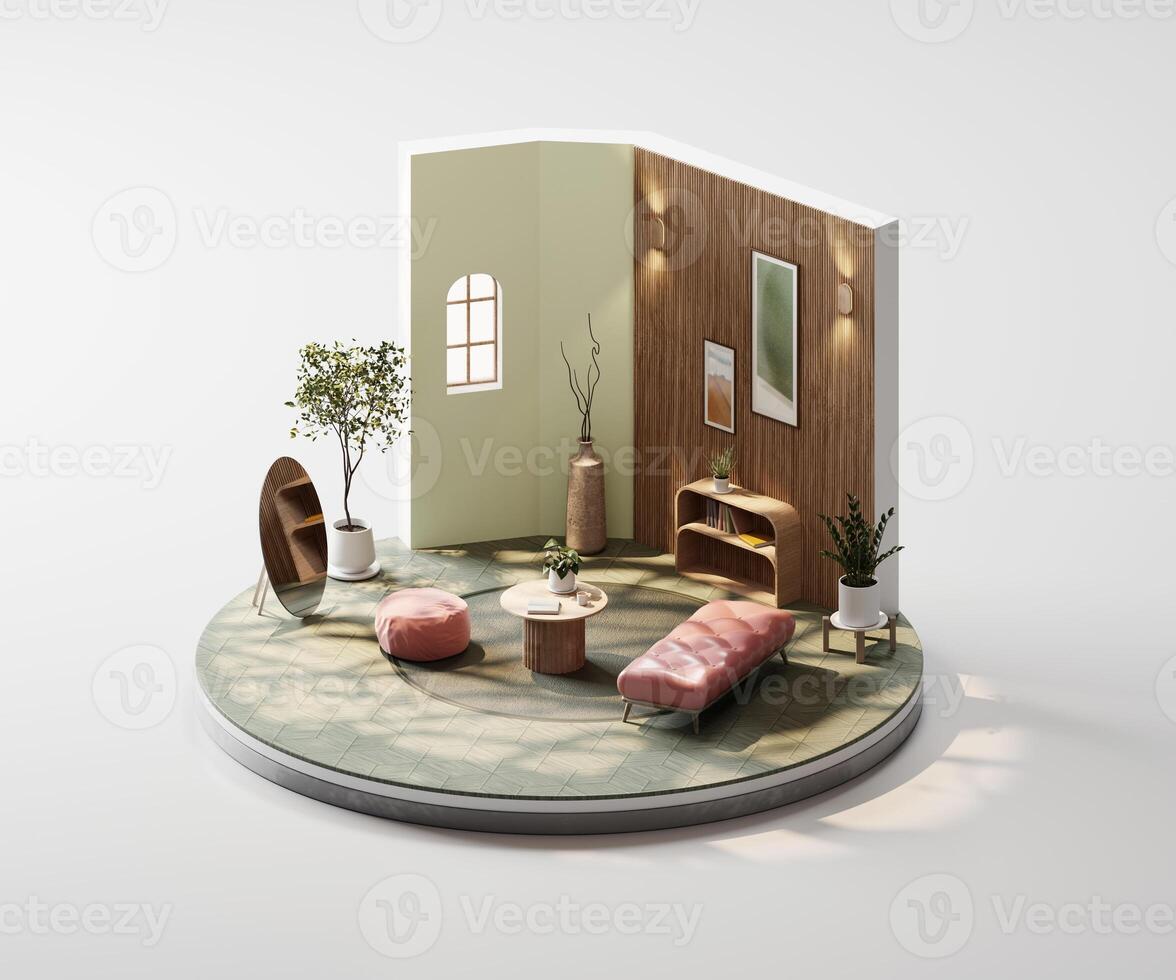 Isometric view green round living room classic style open inside interior architecture 3d rendering photo