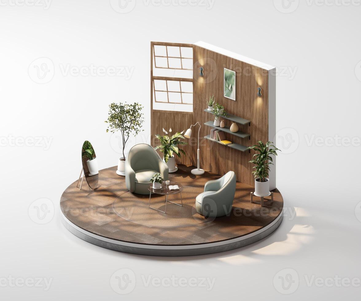 Isometric view round brown living room cozy style open inside interior architecture 3d rendering photo