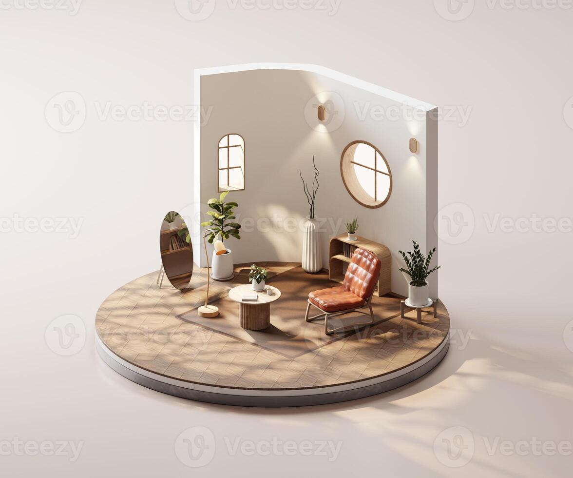 Isometric view round white living room muji style open inside interior architecture 3d rendering photo