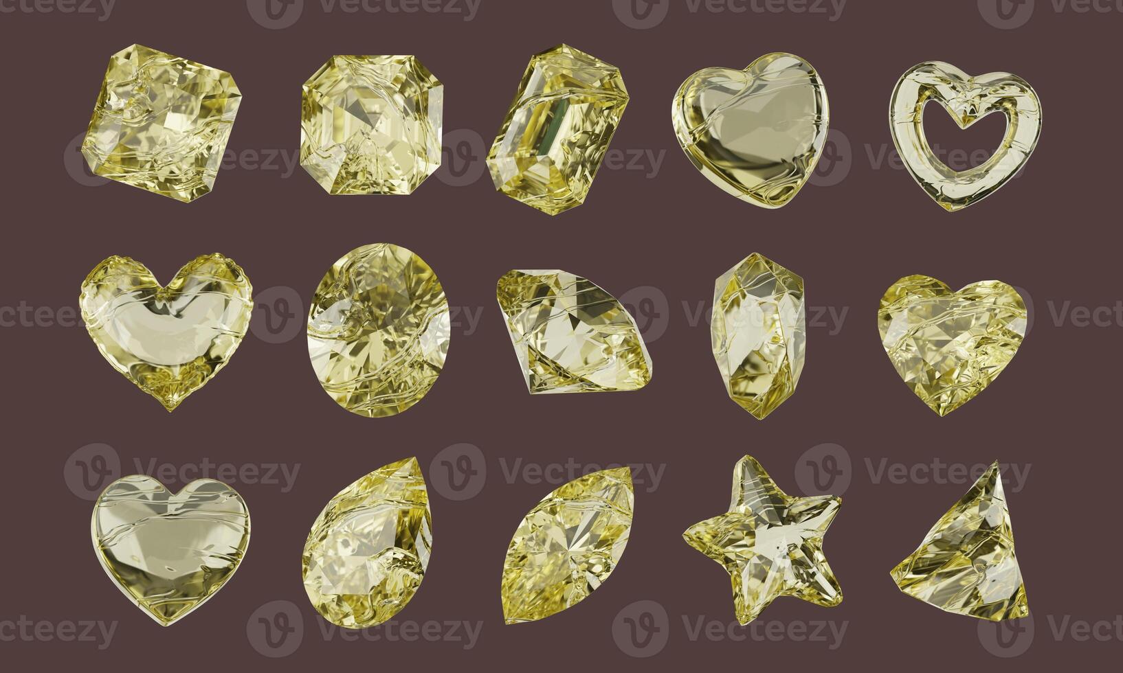 Yellow crystal object geometry shape set isolated background 3d rendering photo