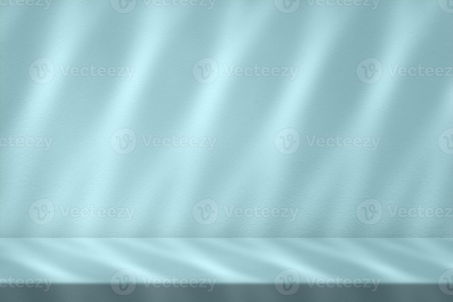 Minimal Empty Table with Light Beam and Shadow on Light Shade of Cyan Wall photo
