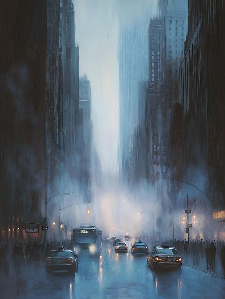 Impressionistic Style Cityscape with Vehicles on Wet Streets and Tall Buildings in a Somber Color Palette photo