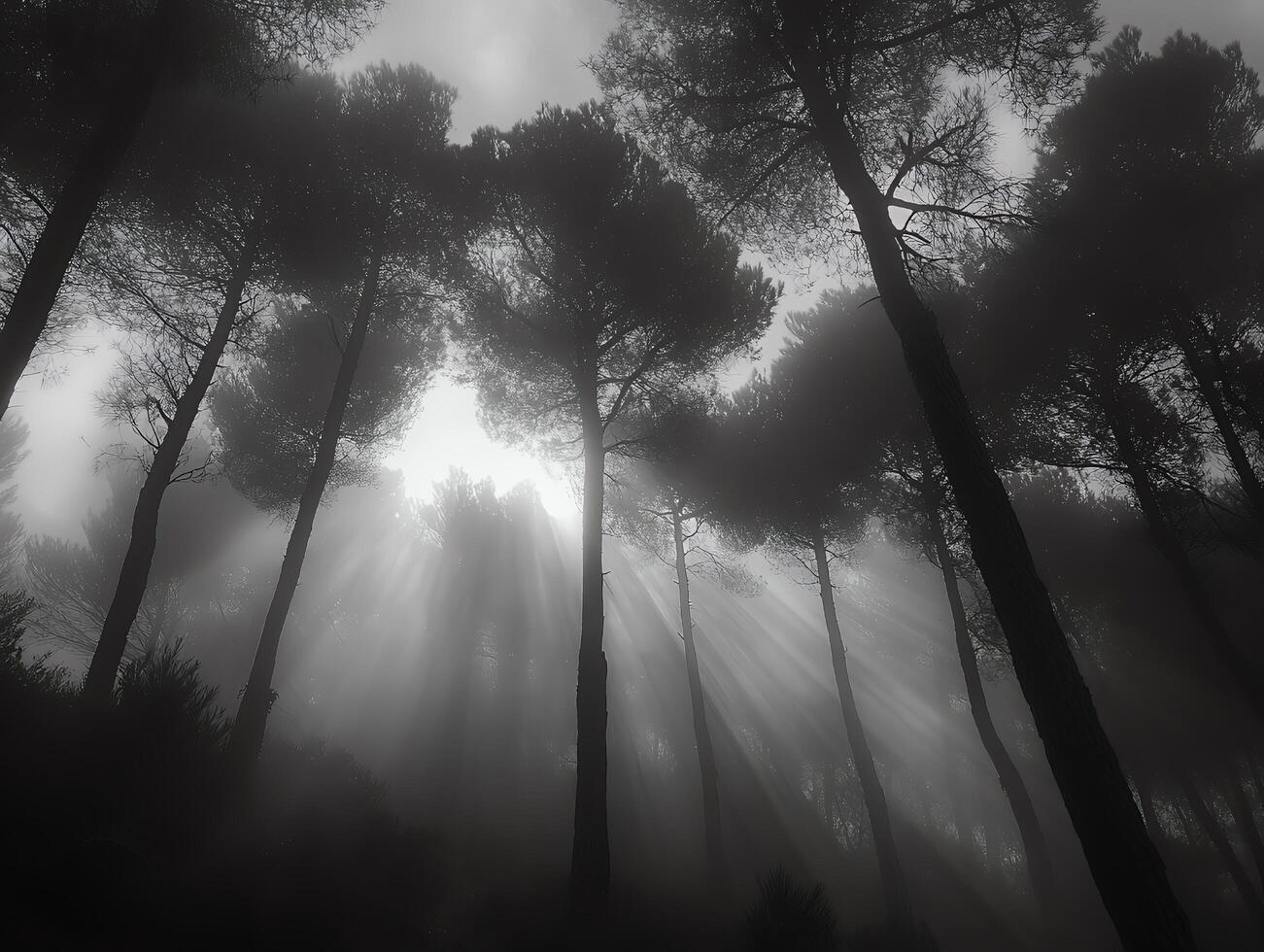 Low Angle View of Tall Trees in a Forest with Sunlight Shining Through the Canopy in Monochrome photo