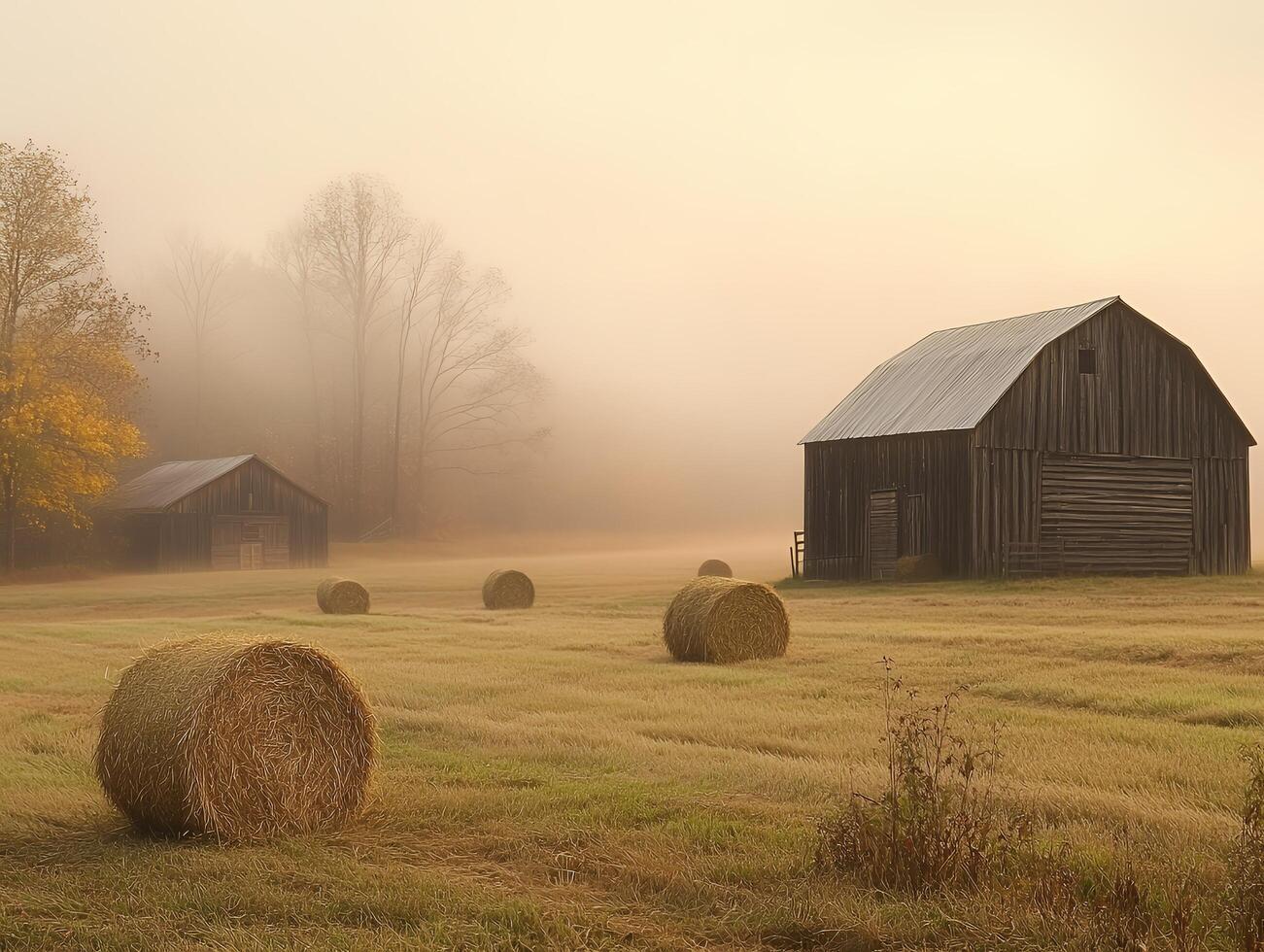 Hay Bales and Rustic Barns in a Foggy Field at Sunrise in Rural Landscape with Soft Light and Rolling Terrain photo
