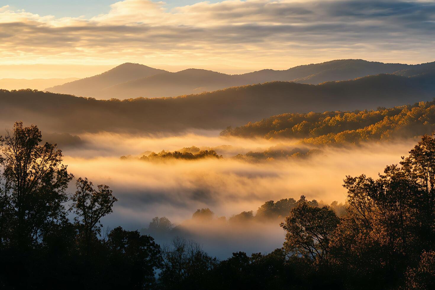 Golden Sunrise Over Foggy Mountain Ridges with Silhouette Trees Under Cloudy Sky with a digital painting style photo