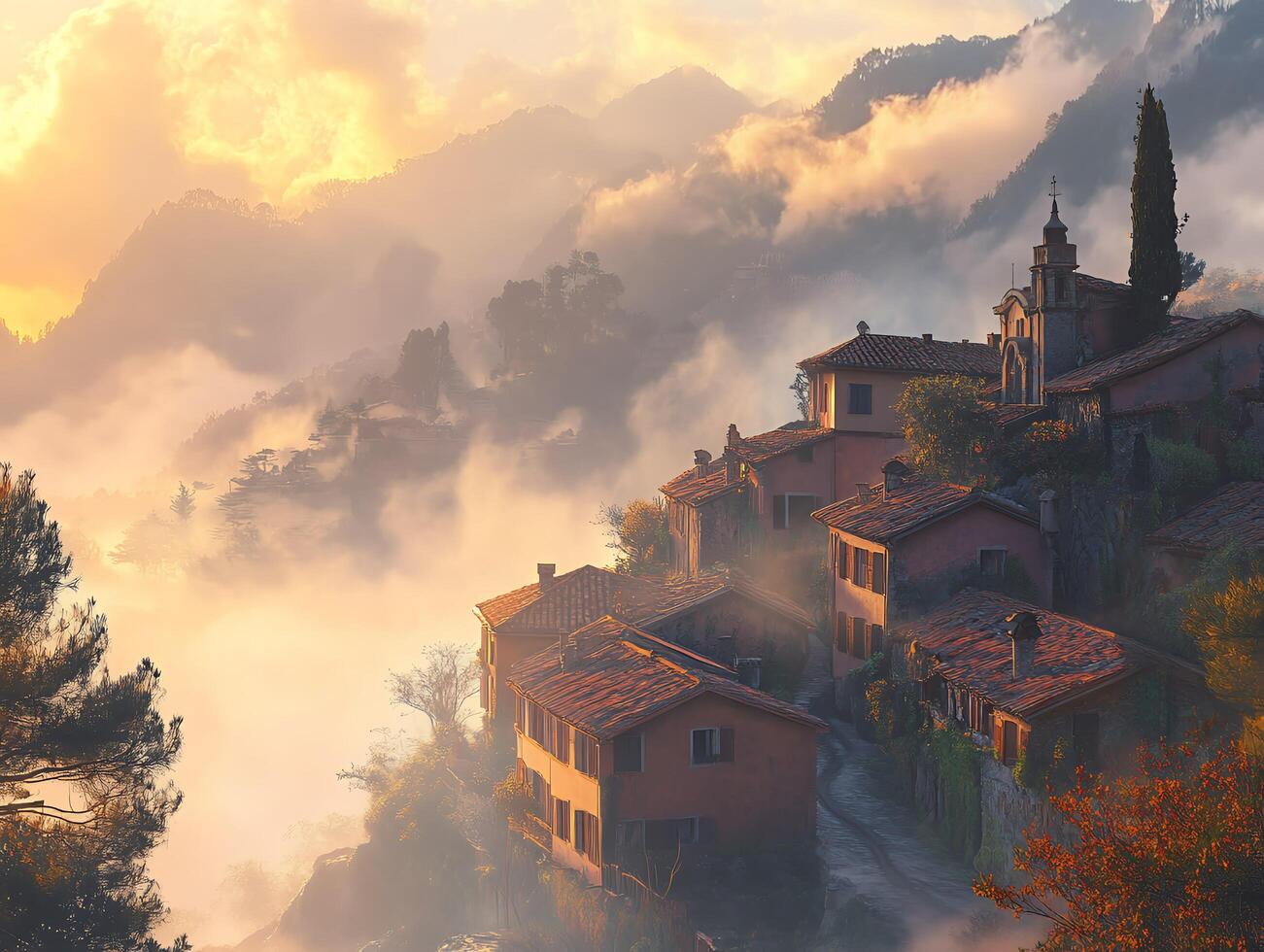 Hillsides Village Featuring Old Architecture and Red Tile Roofs in Misty Mountains Landscape at Sunset with Orange Sky photo