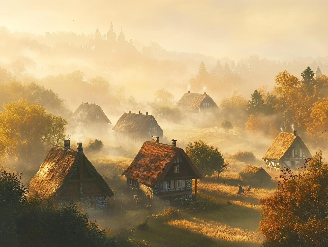 Golden Village Landscape with Foggy Atmosphere and Rustic Cottages During Autumn Season photo