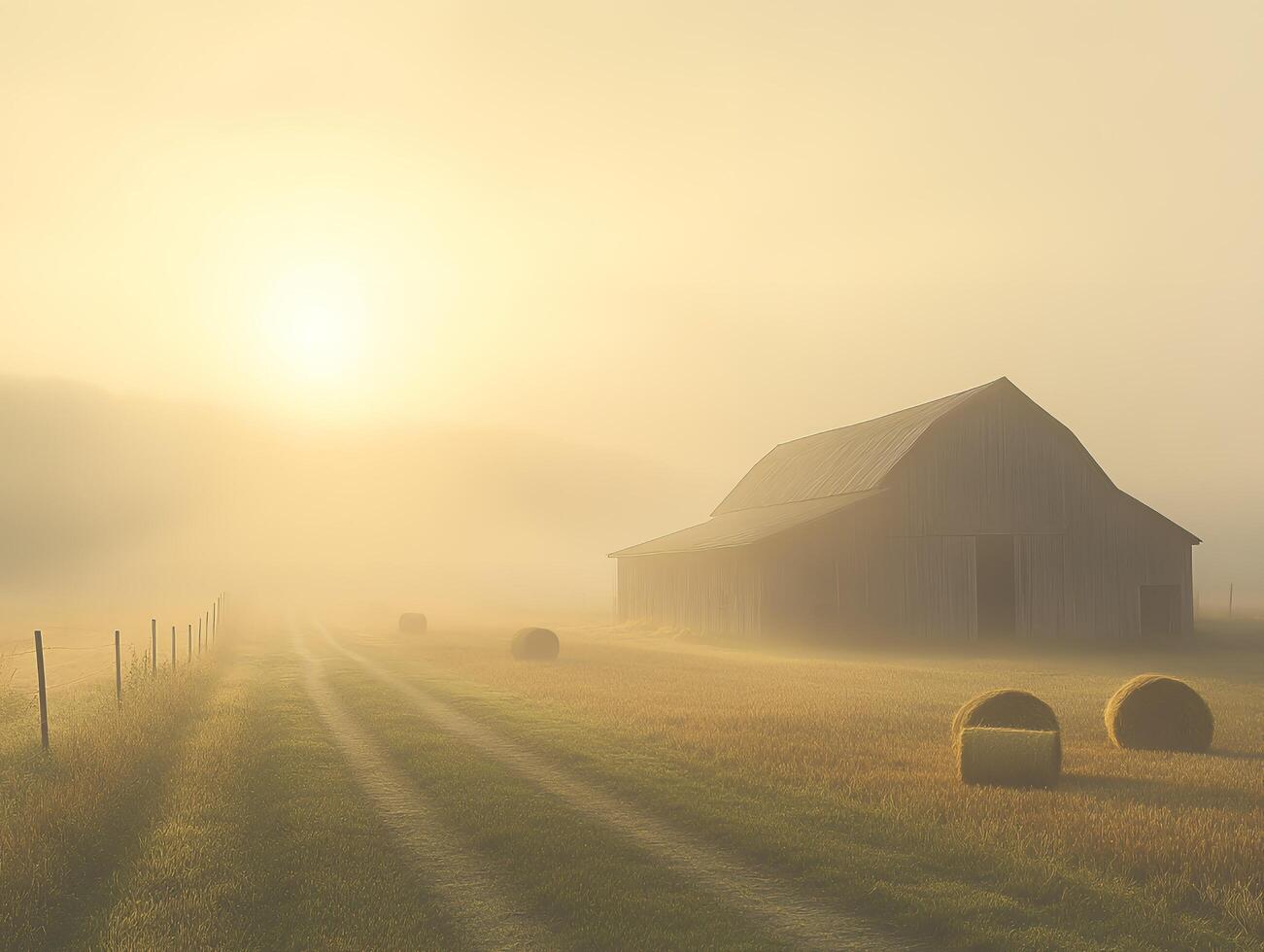 Golden Sunrise Illuminates Foggy Rural Barn and Field with Hay Bales in a Tranquil Countryside Landscape photo