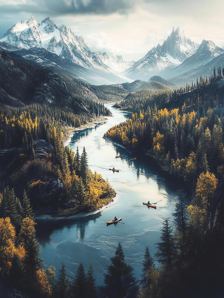 Aerial View of Mountainous Landscape with River Forest and Kayaks Under a Bright Sunlight with Snow Capped Peaks photo