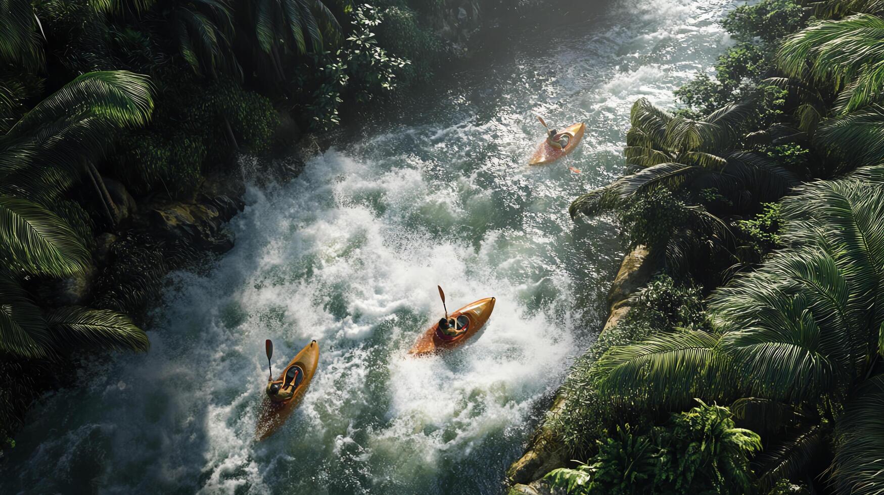 Aerial View of Three People Kayaking on a Whitewater River through a Lush Green Forest Landscape Under a Bright Sunlight in a Tropical Environment photo
