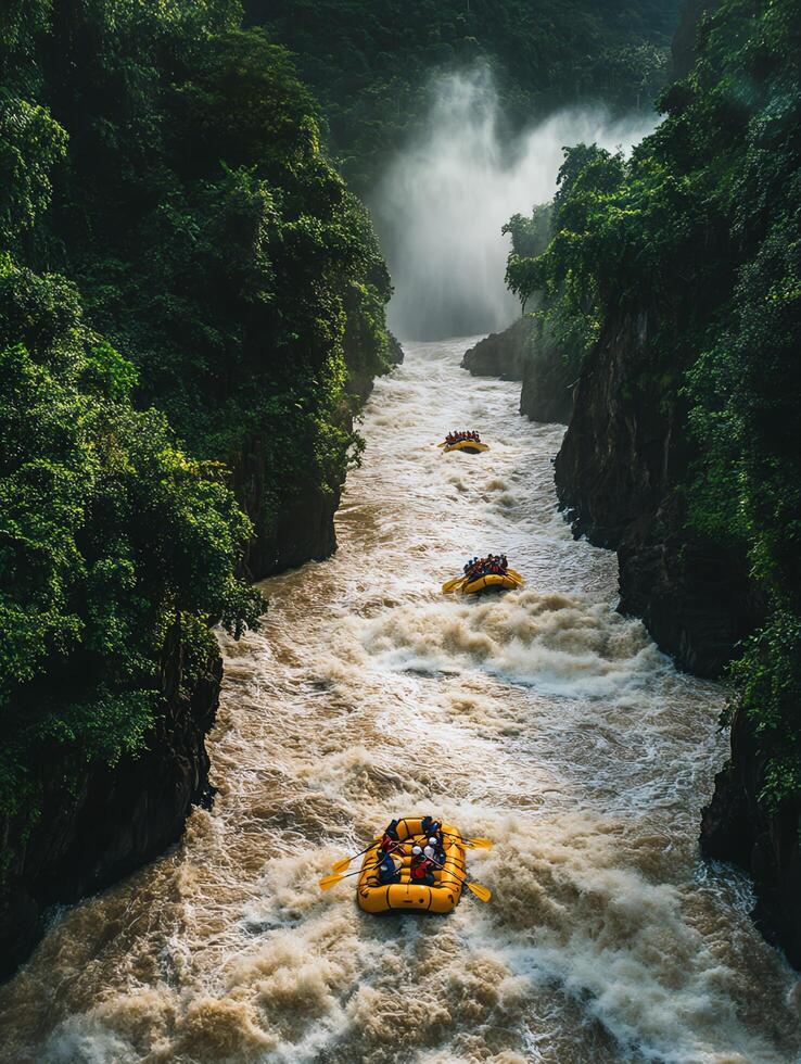 Aerial View of Whitewater Rafting Adventure on Rapid River with Lush Green Vegetation in a Canyon Under Overcast Sky photo