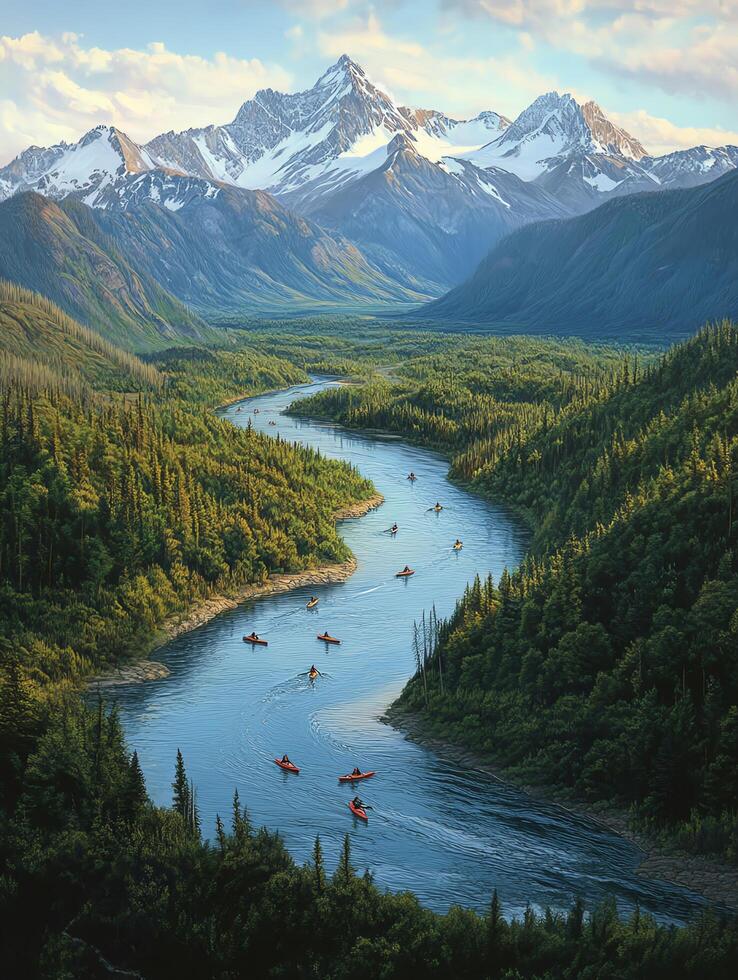 Aerial View of Winding River with Kayakers Surrounded by Green Forest and Snow Capped Mountains During Sunny Day in a Vast Landscape photo