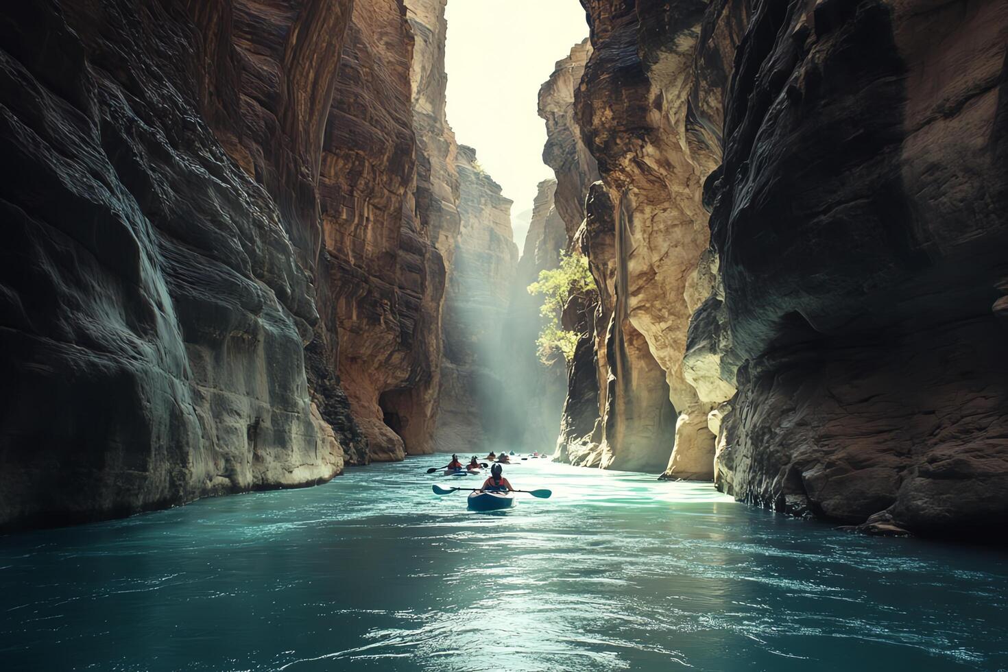 Aqua River Flows Through a Canyon with People in Kayaks and Rafts Under Bright Sunlight and Steep Rocky Cliffs photo