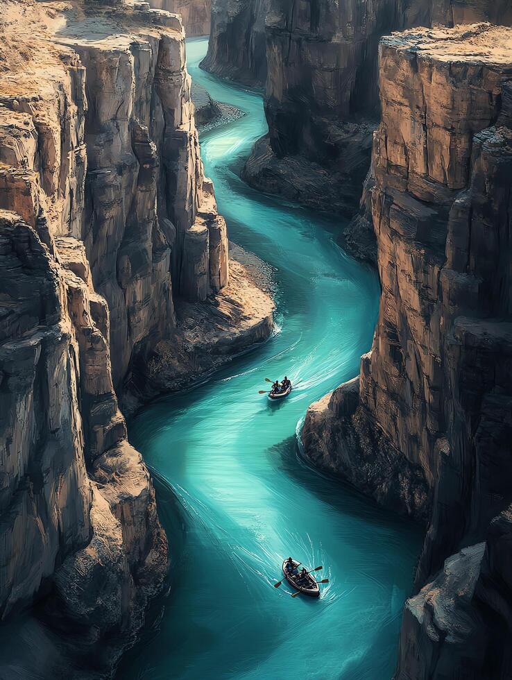 Aerial View of Turquoise River Flowing Through Rocky Canyon with Kayakers in the Golden Hour photo