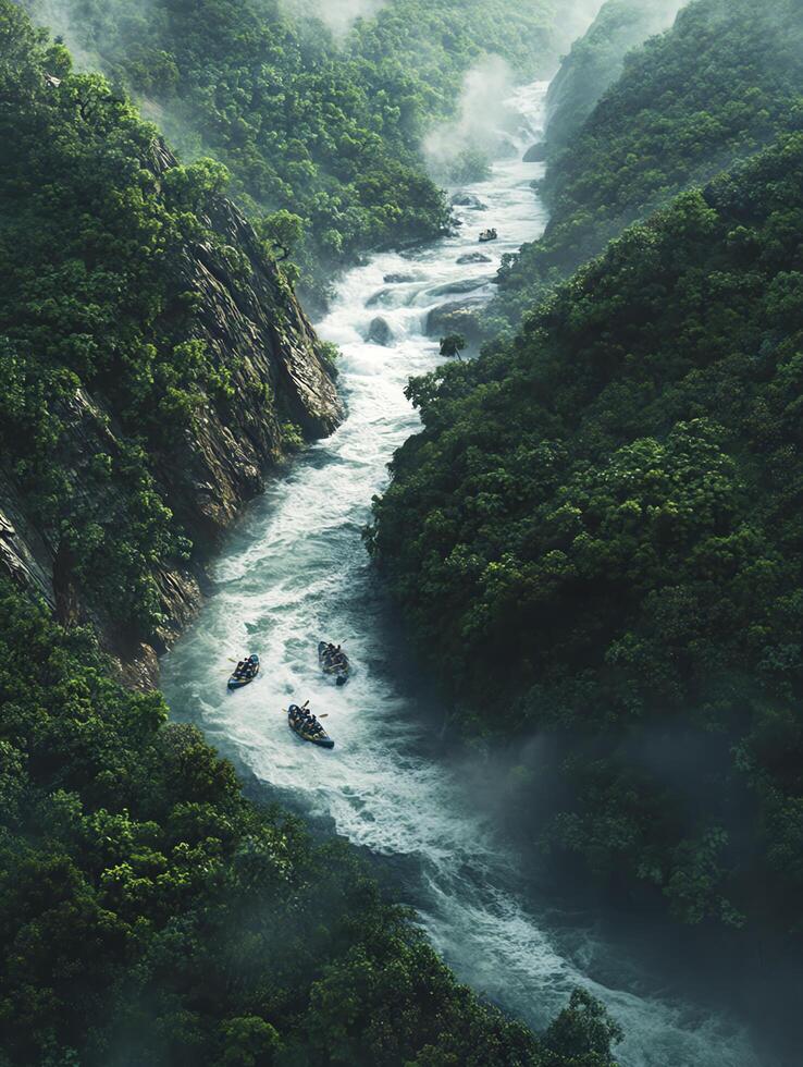 Aerial View of Whitewater Rafting Through Verdant Valley with Mist and Fast Rapids in Lush Green Environment photo
