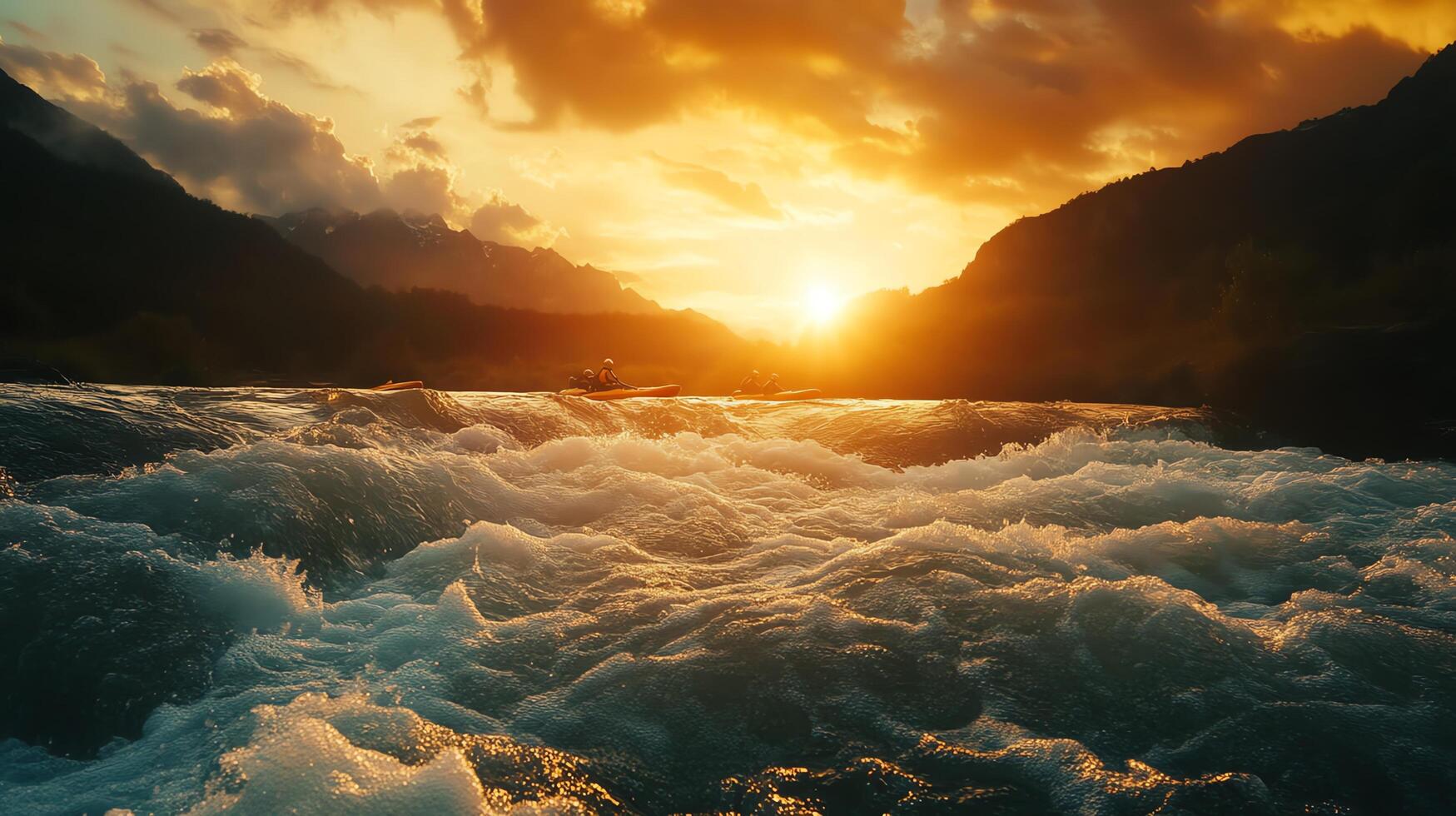 Golden Sunset Over Wavy River Flowing Through Mountain Landscape Casting Warm Reflection on Surface in Vivid Lighting photo