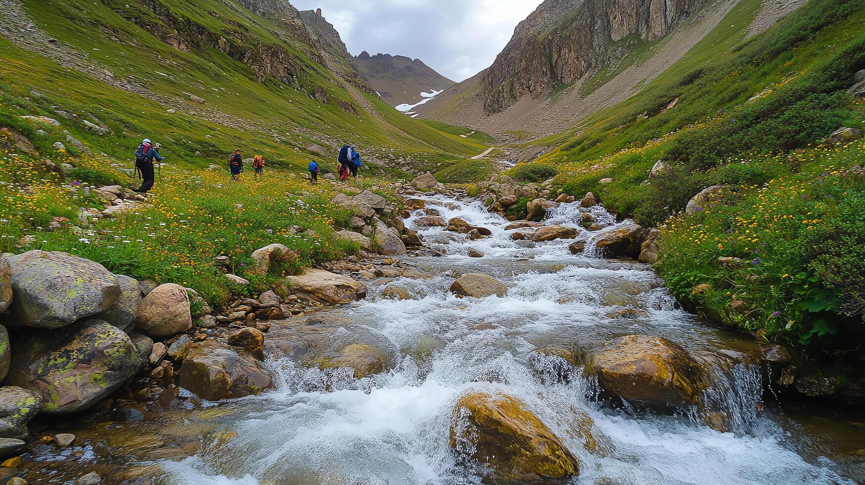 Hikers Ascending Mountain Valley With Fast Flowing Stream In Bright Daylight Green Vegetation photo