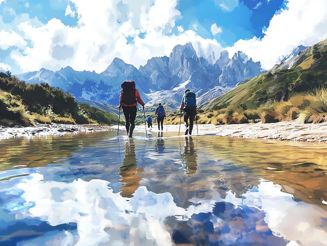 Hikers Trekking Across River with Majestic Mountains in the Background Under a Partly Cloudy Sky Showing Reflections on Water During Day Time photo