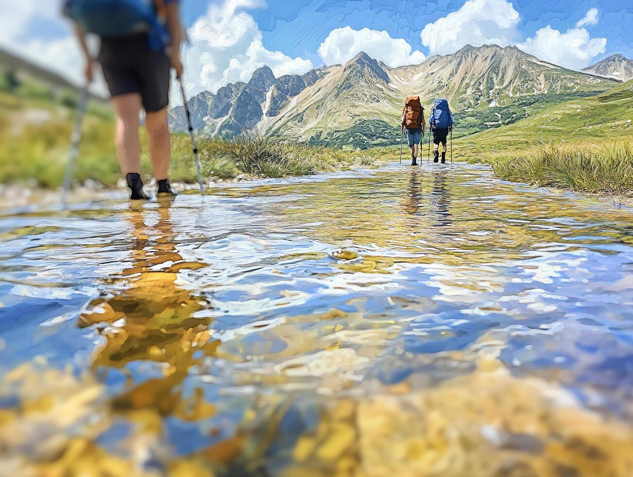 Hikers Walking Across Reflective River with Poles and Backpacks against a Distant Mountain in Bright Sunny Outdoor Water Landscape photo