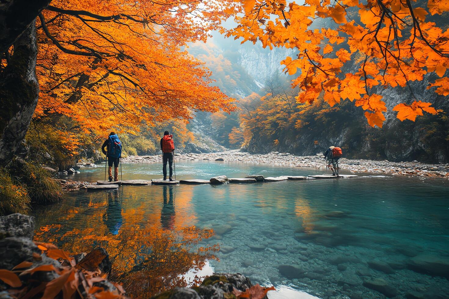 Hikers Crossing Tranquil Lake on Log Bridge Framed by Autumn Trees with Orange Foliage and Reflections Under a Bright Sky photo