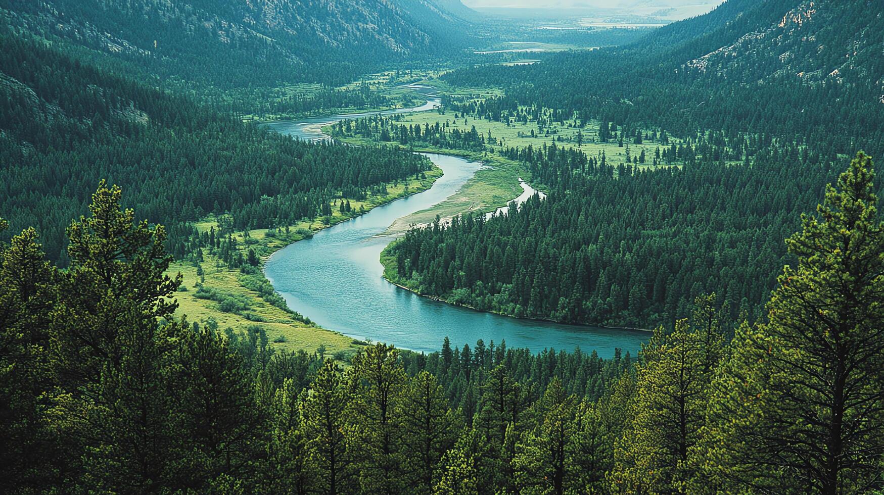 Aerial View of a Winding River Through a Lush Green Valley photo