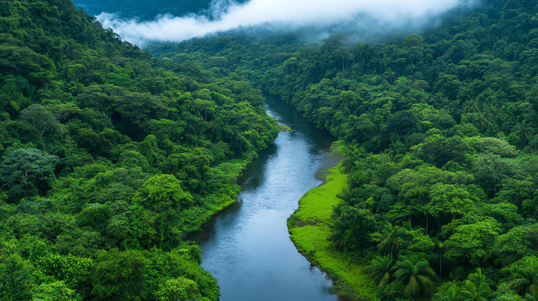 Aerial View of Lush Green Rainforest with Winding River photo