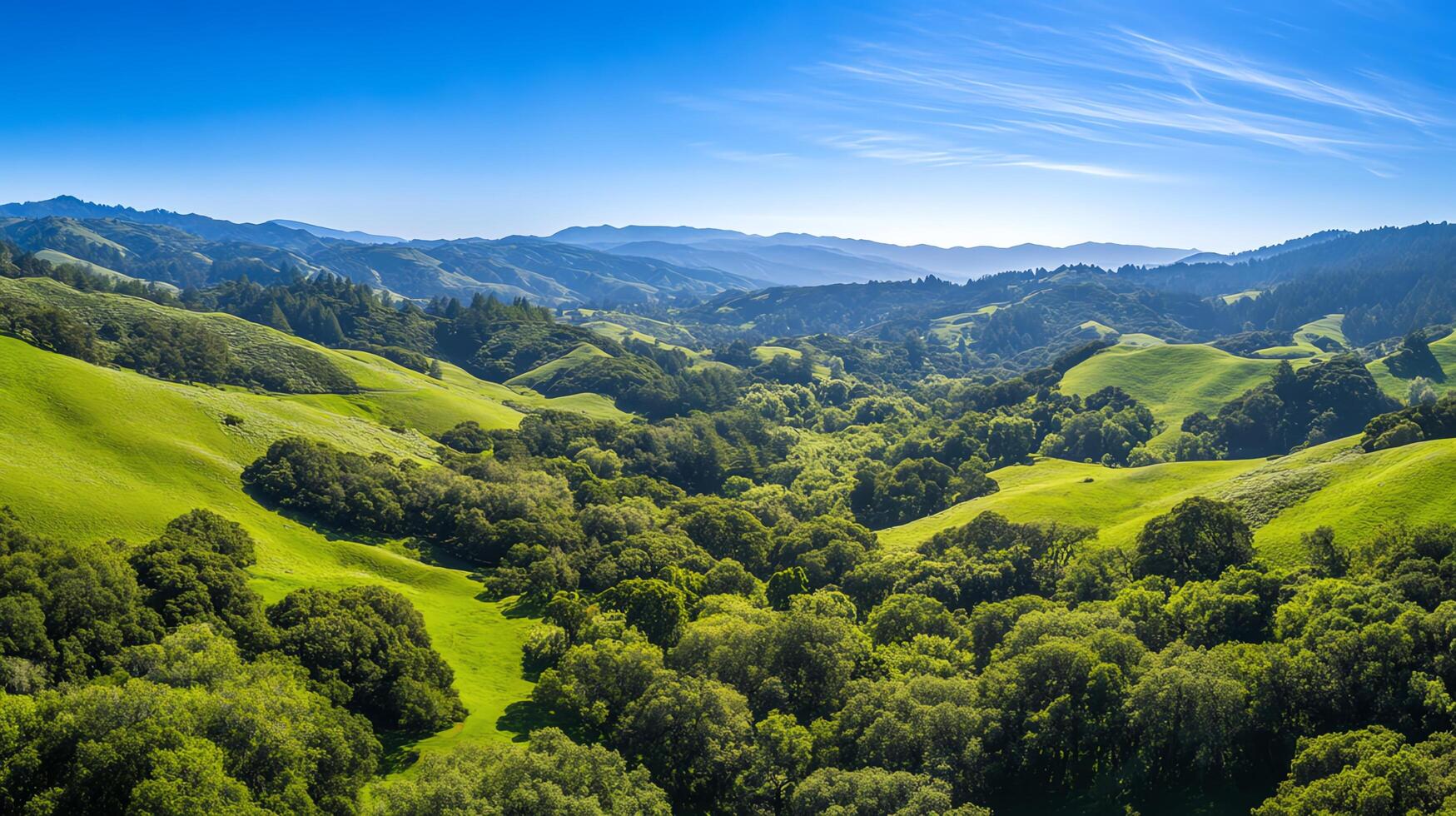 Aerial View of Lush Green Valley and Rolling Hills Under a Bright Blue Sky photo