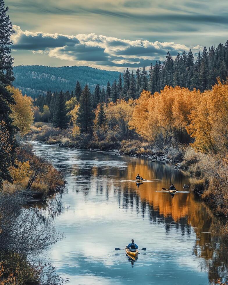 Scenic Autumn River Landscape with Kayaks and Golden Trees Reflecting in Water Under Cloudy Sky in Daylight photo