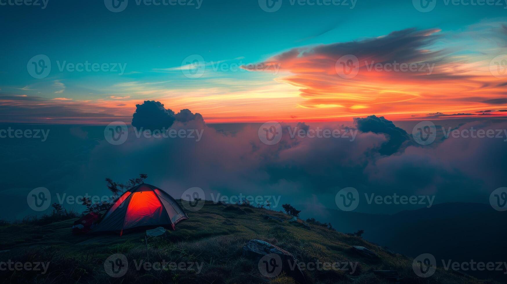 A Hiker's Dream. Dramatic Skies And Camping On The Mountain's Edge. photo
