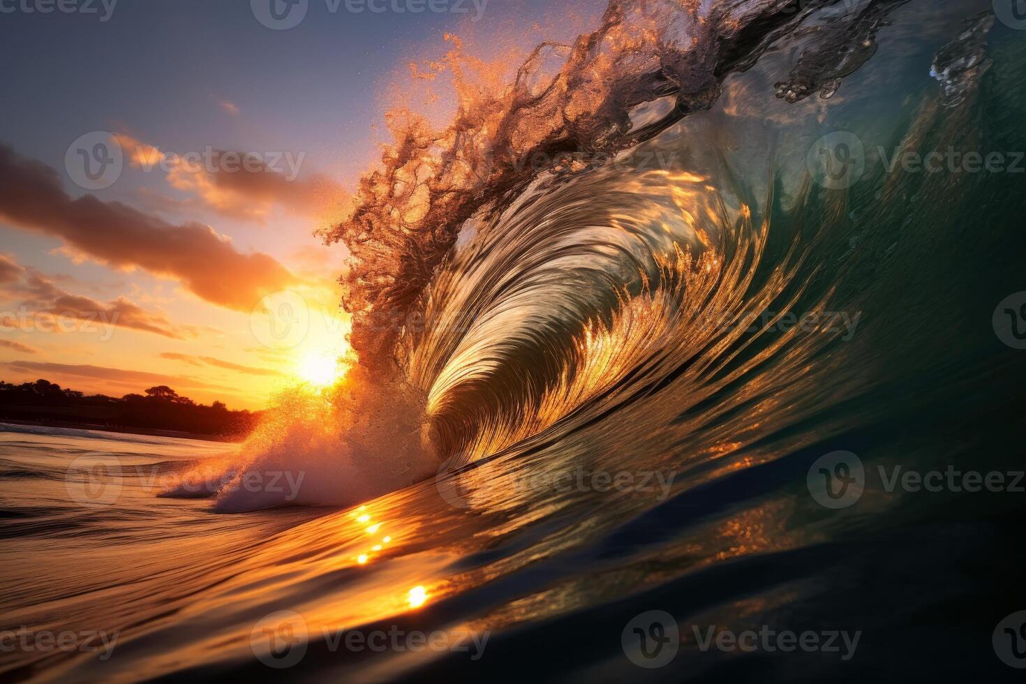 Sunset Silhouette Of A Cresting Wave Against A Vibrant Sky. photo