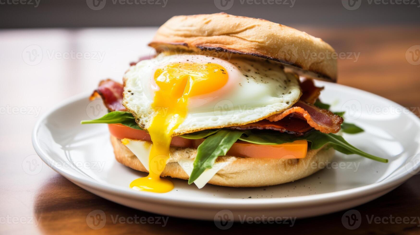 Delicious Bacon And Egg Breakfast Burger With Fresh Lettuce And Tomato. photo