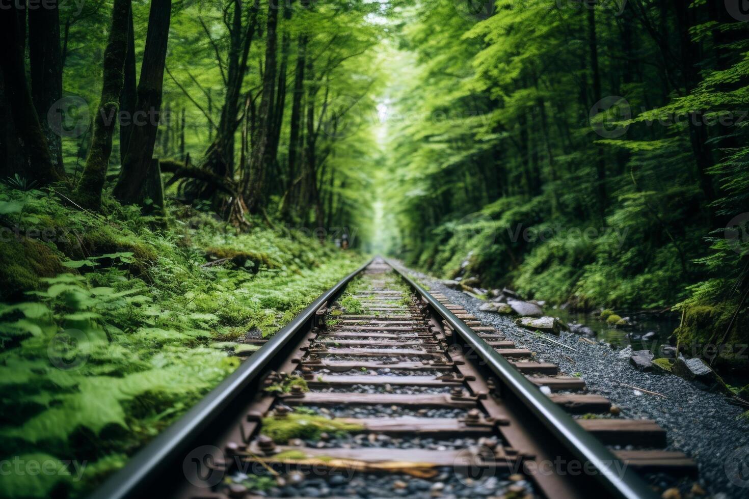 Railway Tracks Winding Through a Lush Green Forest. photo